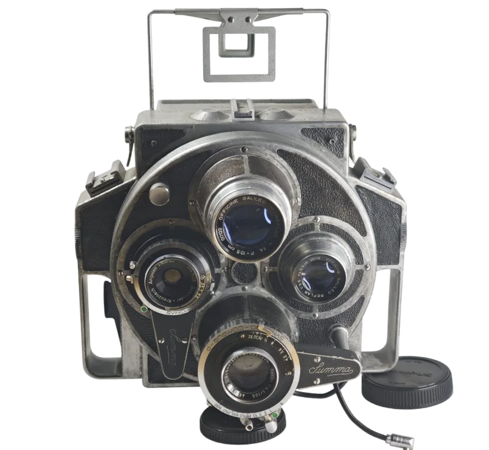 Summa Report — cámara de prensa italiana con torreta de lentes, Cesare Tiranti, Roma, c. 1955