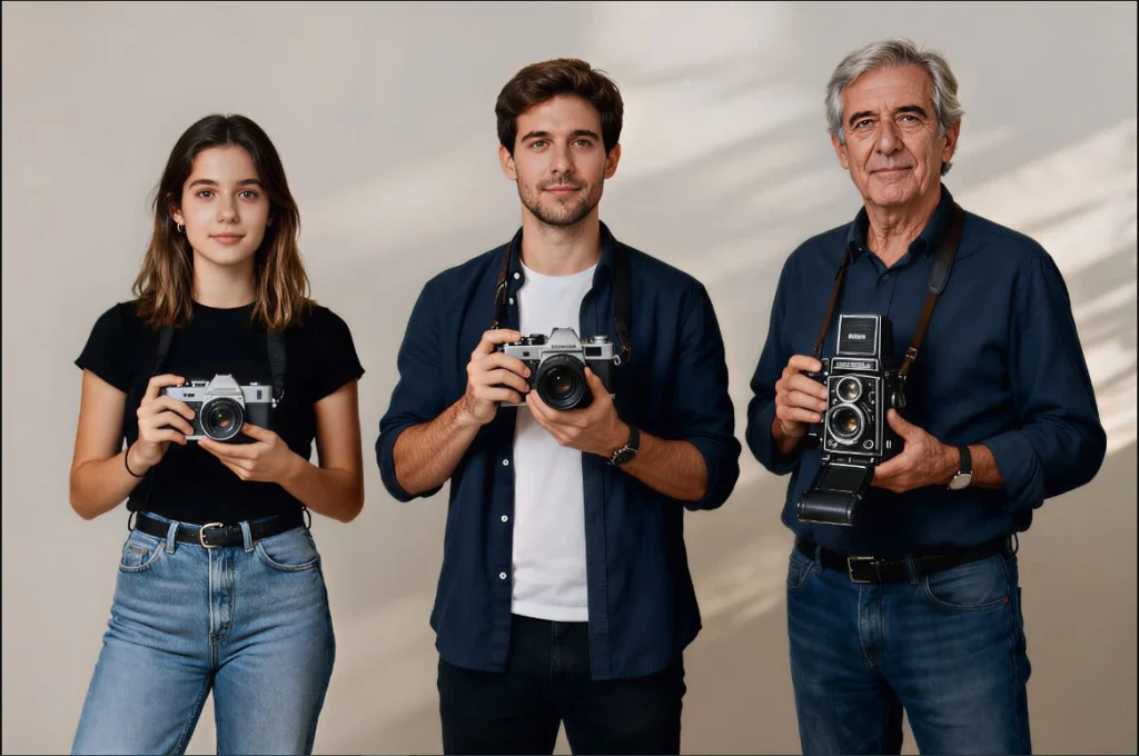 Tres generaciones con tres niveles de experiencia en fotografía reflex. Principiante, aficionado, profesional o coleccionista. Fuente: creación propia con ayuda de Perplexity.